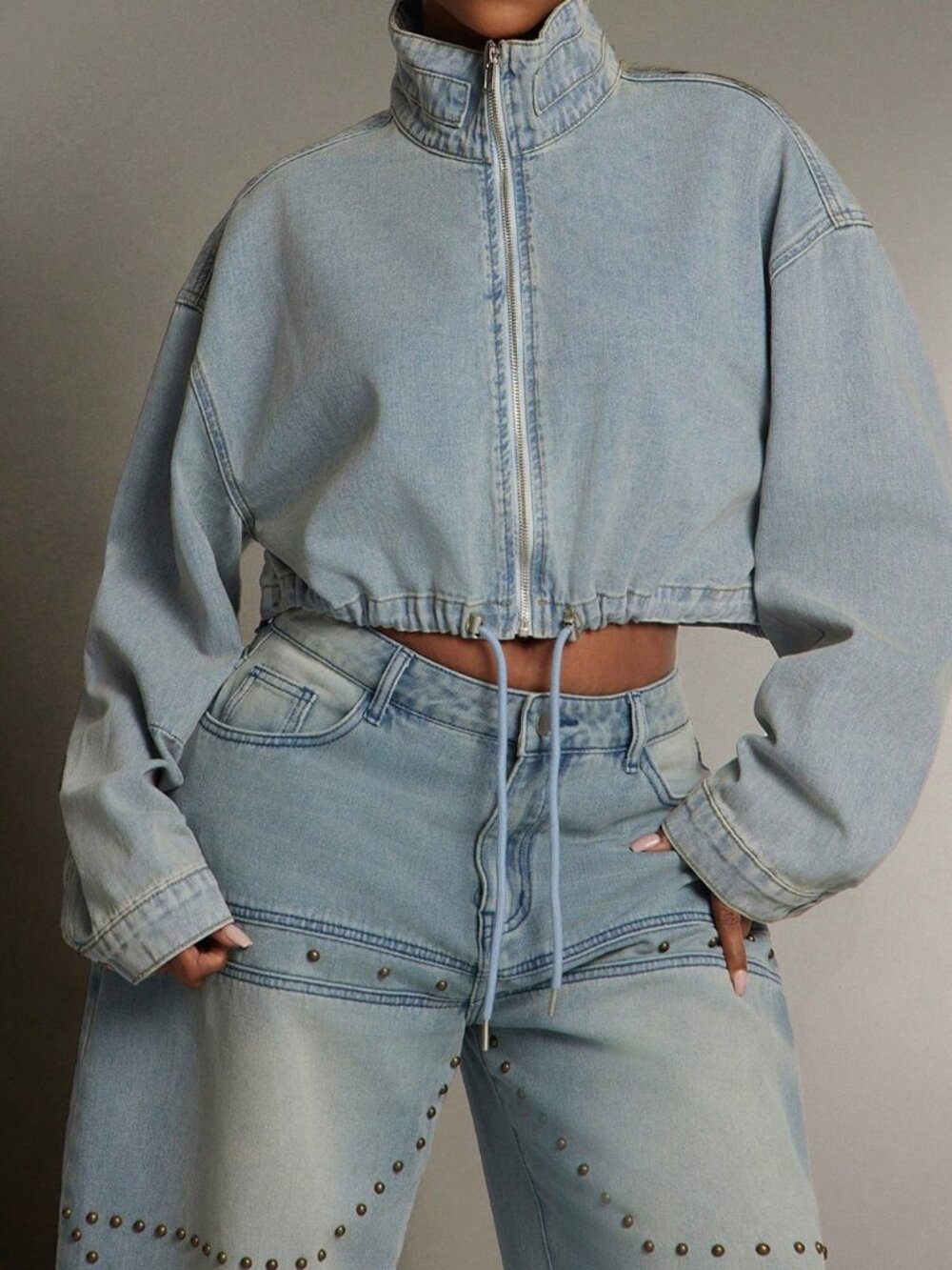 Light Wash Casual Women's Oversized Lapel Zip Front Cropped Denim Jacket - Picture 1 of 6
